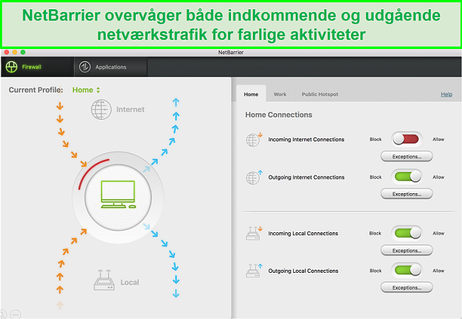 Skærmbillede af Intego NetBarrier brugergrænseflade, der beskytter indgående og udgående netværkstrafik