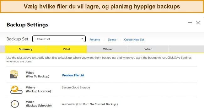 Skærmbillede af Nortons Backup Settings-funktion på Windows.