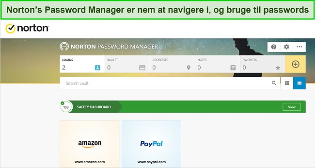 Skærmbillede af Nortons adgangskodehåndteringsfunktion.