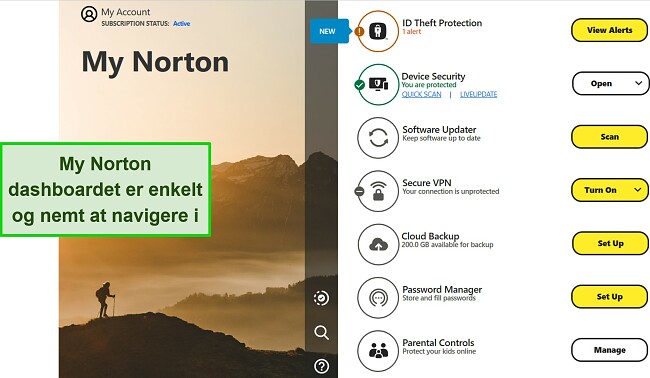 Skærmbillede af Nortons My Norton-dashboard-grænseflade på Windows.