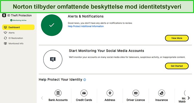 Skærmbillede af Nortons ID Theft Protection-dashboard.