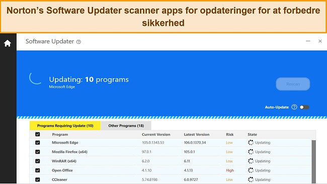 Skærmbillede af Nortons Software Updater, der opdaterer 10 programmer for at beskytte mod app-sårbarheder.