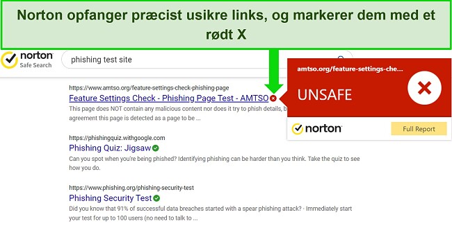 Skærmbillede af Nortons Safe Search-browserudvidelse, der nøjagtigt registrerer sikre og usikre URL'er