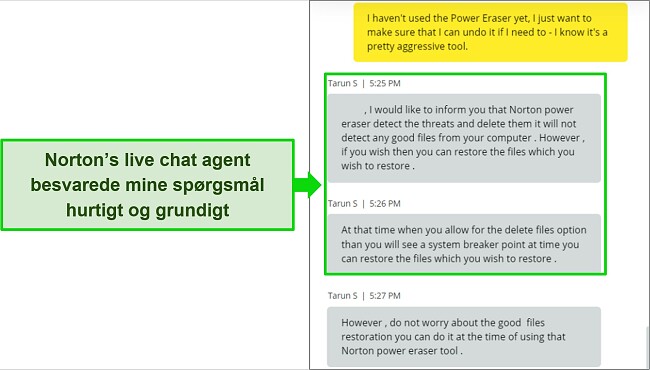 Skærmbillede af Nortons live chat-agent, der besvarer et spørgsmål om Power Eraser-værktøjet.