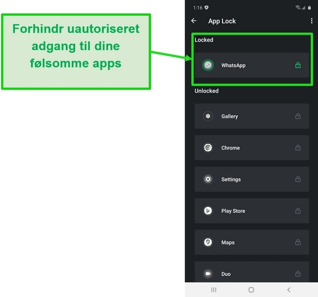 Skærmbillede, der viser App Lock-funktionen i TotalAVs Android-app