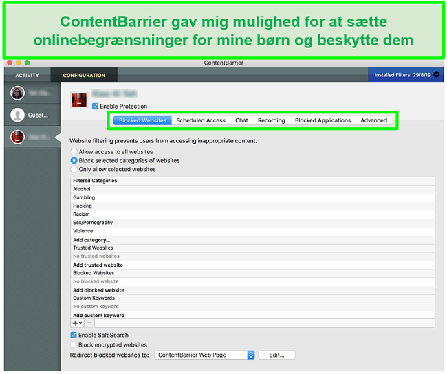 skærmbillede af ContentBarrier-interface, der viser forskellige indstillinger for forældrekontrol
