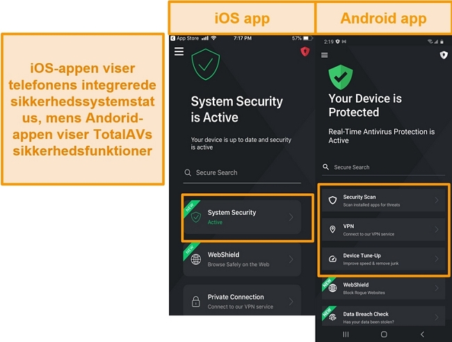 Skærmbillede, der viser forskellen mellem iOS og Android TotalAV apps