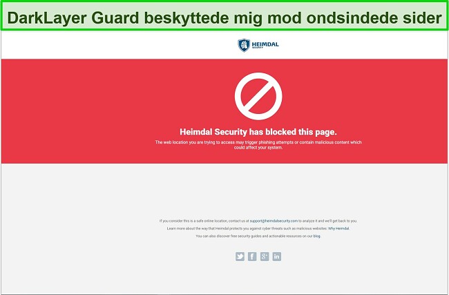 Skærmbillede af Heimdal Security, der blokerer for et ondsindet websted