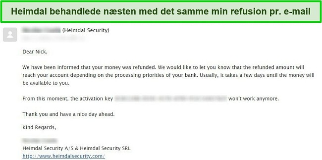 Skærmbillede af e-mail om bekræftelse af Heimdal sikkerhedsrestitution