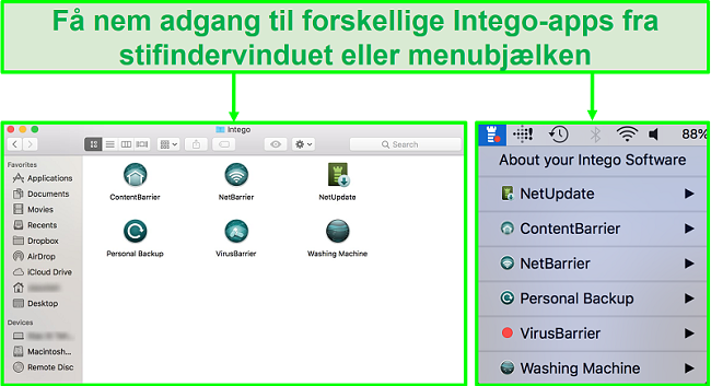 Skærmbillede af, hvordan du får adgang til forskellige Intego-apps fra Finder-vinduet eller menulinjen