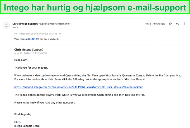 Skærmbillede af hurtig og hjælpsom e-mail-samtale med Intego supportmedarbejdere.