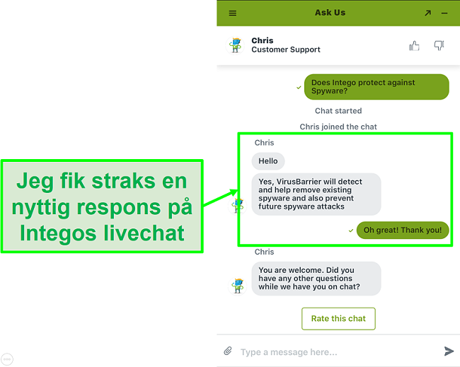 Skærmbillede af Intego live chat giver hurtig og hjælpsom support
