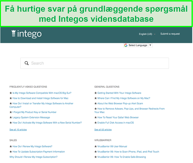Skærmbillede af Integos vidensbase, der viser almindelige spørgsmål og svar