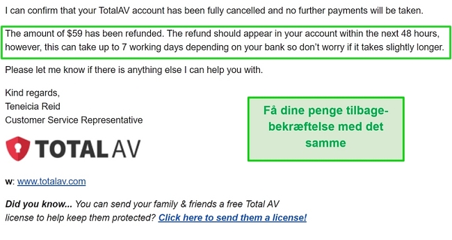 Skærmbillede af TotalAVs e-mail om bekræftelse af refusion