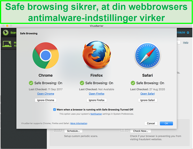 Skærmbillede af Intego-interface, der viser forskellige webbrowsere, er sikker browsing-tilstand aktiveret