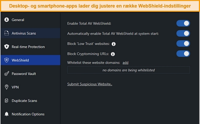 Skærmbillede af WebShield-indstillinger i TotalAVs desktop-app