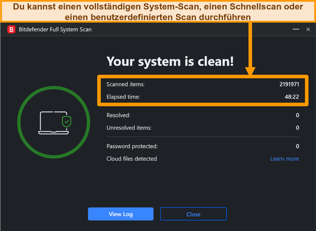 Screenshot eines abgeschlossenen Bitdefender-Systemscans.