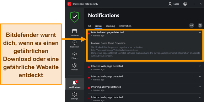 Benachrichtigungen über Bitdefender-Desktop-Bedrohungen.
