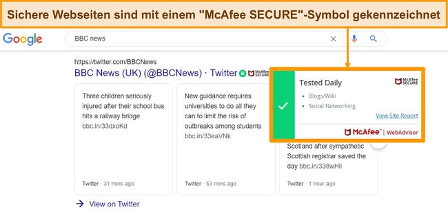Der Screenshot der Google-Websuche mit McAfee WebAdvisor zeigt, dass eine Website authentisch und sicher ist