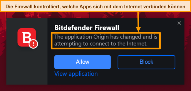 Screenshot einer Bitdefender-Firewall-Benachrichtigung.