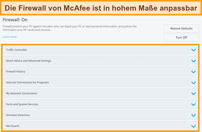 Screenshot der McAfee Firewall-Funktionen