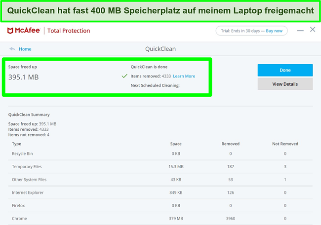 Screenshot der McAfee QuickClean-Funktion unter Windows