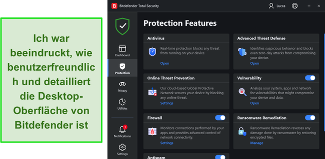 Screenshot der Windows-App-Oberfläche von Bitdefender