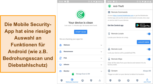 Screenshot der Mobile Security App von Bitdefender.