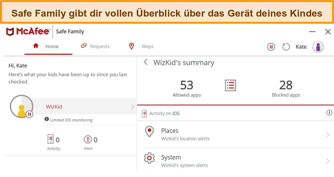 Screenshot der Kindersicherungsfunktion der McAfee Safe Family, die mit einem iPhone verbunden ist