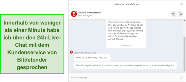 Screenshot eines Live-Chat-Gesprächs mit einem Bitdefender-Support-Agenten.