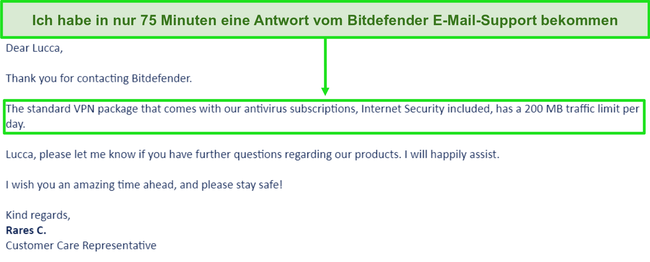 Screenshot einer Support-E-Mail von Bitdefender.