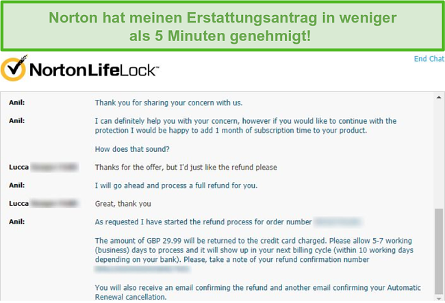 Screenshot des Erhalts einer Rückerstattung über den Live-Chat von Norton.