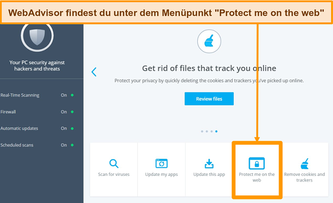 Screenshot, der die als gekennzeichnete WebAdvisor-Funktion von McAfee hervorhebt