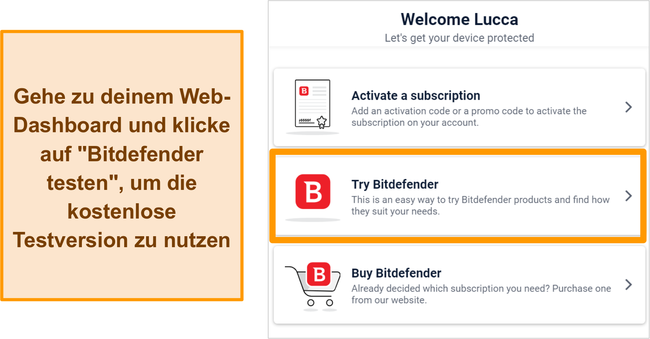 Screenshot zum Starten einer Testversion für Bitdefender über das Bitdefender Central-Web-Dashboard.