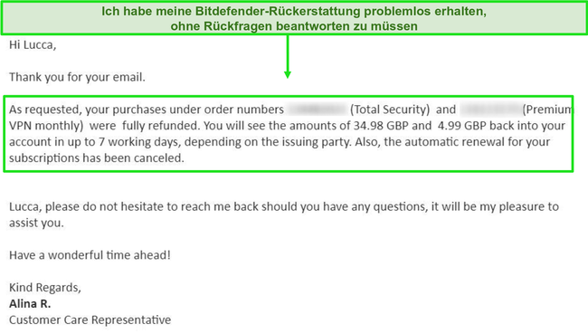 Screenshot einer erfolgreichen E-Mail mit Rückerstattungsanforderung von einem Bitdefender-Supportmitarbeiter.