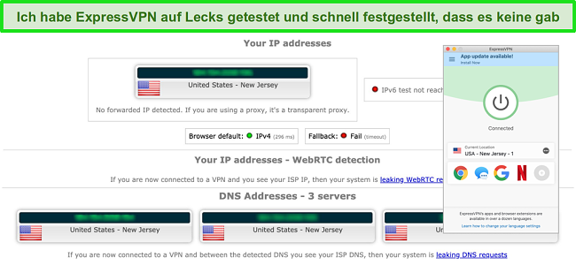 Screenshot von ExpressVPN, der erfolgreich einen IP-, WebRTC- und DNS-Leaktest besteht, während er mit einem Server in den USA verbunden ist