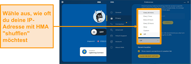 Screenshot der HMA VPN-App mit der IP Shuffle-Funktion