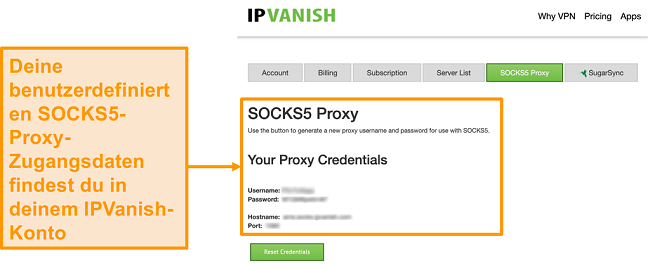 Screenshot der kostenlosen SOCKS5-Proxyserver-Anmeldeinformationen von IPVanish auf der Website