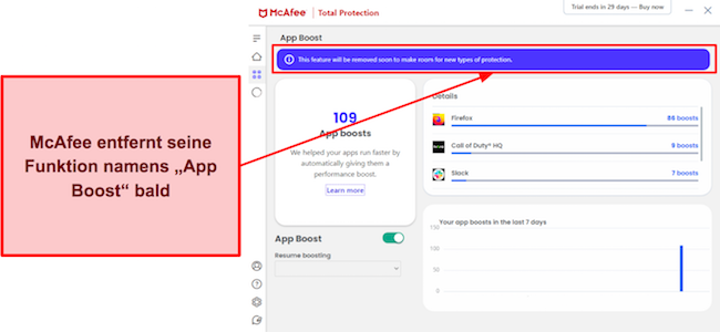 Screenshot, der zeigt, dass die App Boost-Funktion von McAfee bald entfernt wird