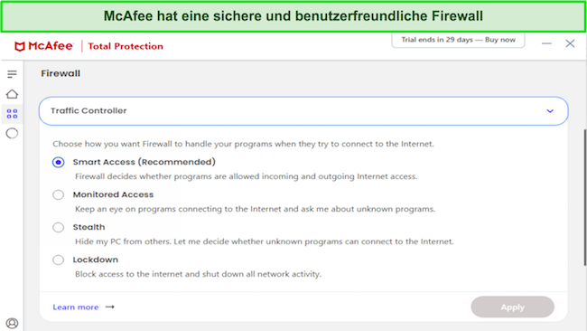 Screenshot mit den Firewall-Anpassungsoptionen von McAfee