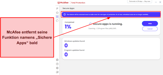 Der Screenshot mit McAfees Secure Apps/Vulnerability Scanner wird bald entfernt