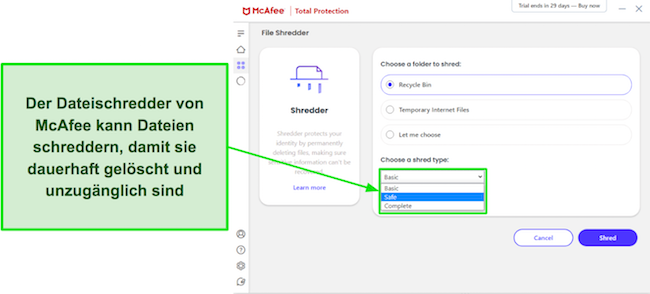Screenshot, der die verschiedenen Schredderoptionen zeigt, die in McAfees File Shredder verfügbar sind