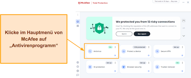 Screenshot, der zeigt, wie Sie auf den Abschnitt „Scans“ in McAfee zugreifen