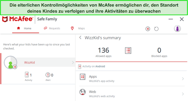 Screenshot, der die Kindersicherung von McAfee zeigt