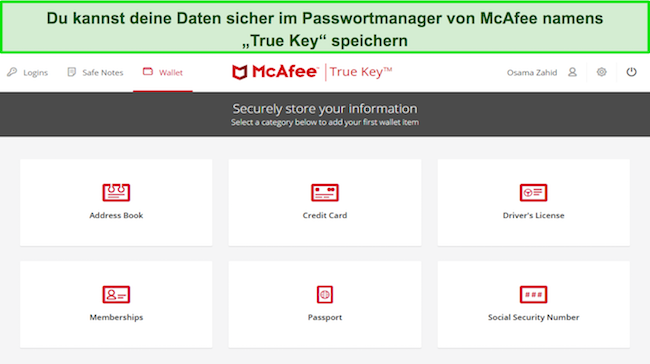 Screenshot mit der Benutzeroberfläche von McAfee True Key Password Manager