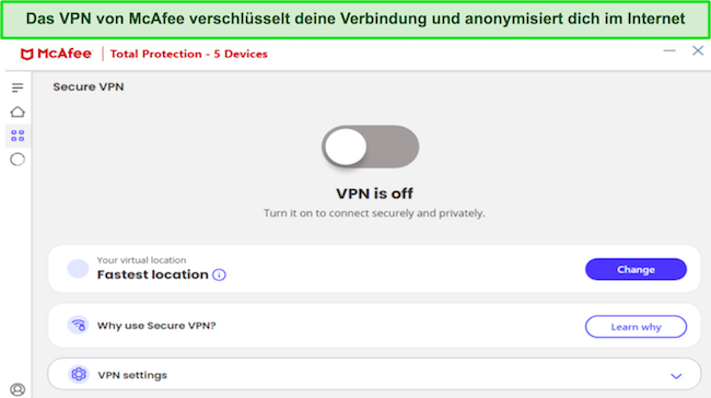 Screenshot, der die VPN-Oberfläche von McAfee zeigt