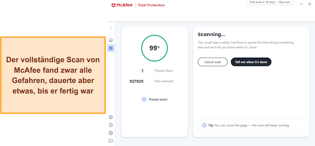 Screenshot, der zeigt, wie McAfee seinen vollständigen Scan ausführt