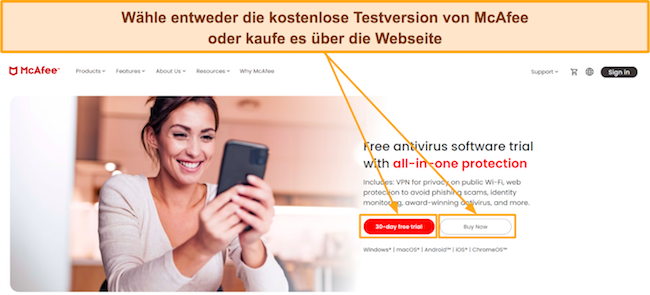 Screenshot der Website von McAfee mit Optionen für die kostenlose Testversion oder den Sofortkauf