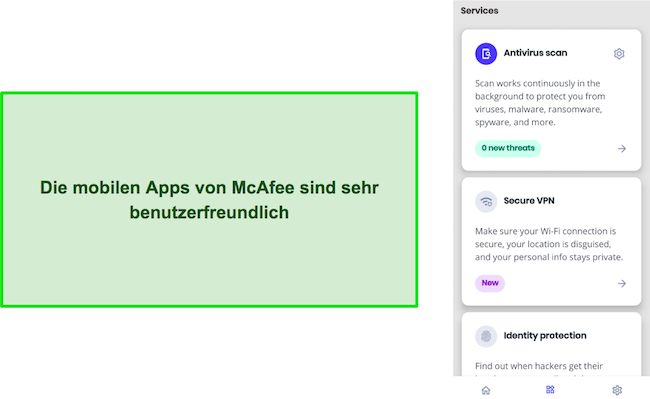 Screenshot der mobilen Benutzeroberfläche von McAfee