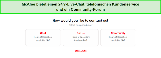 Screenshot der verfügbaren Kundensupportoptionen auf der Website von McAfee